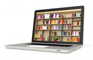 3d laptop with book shelves, digital internet library
